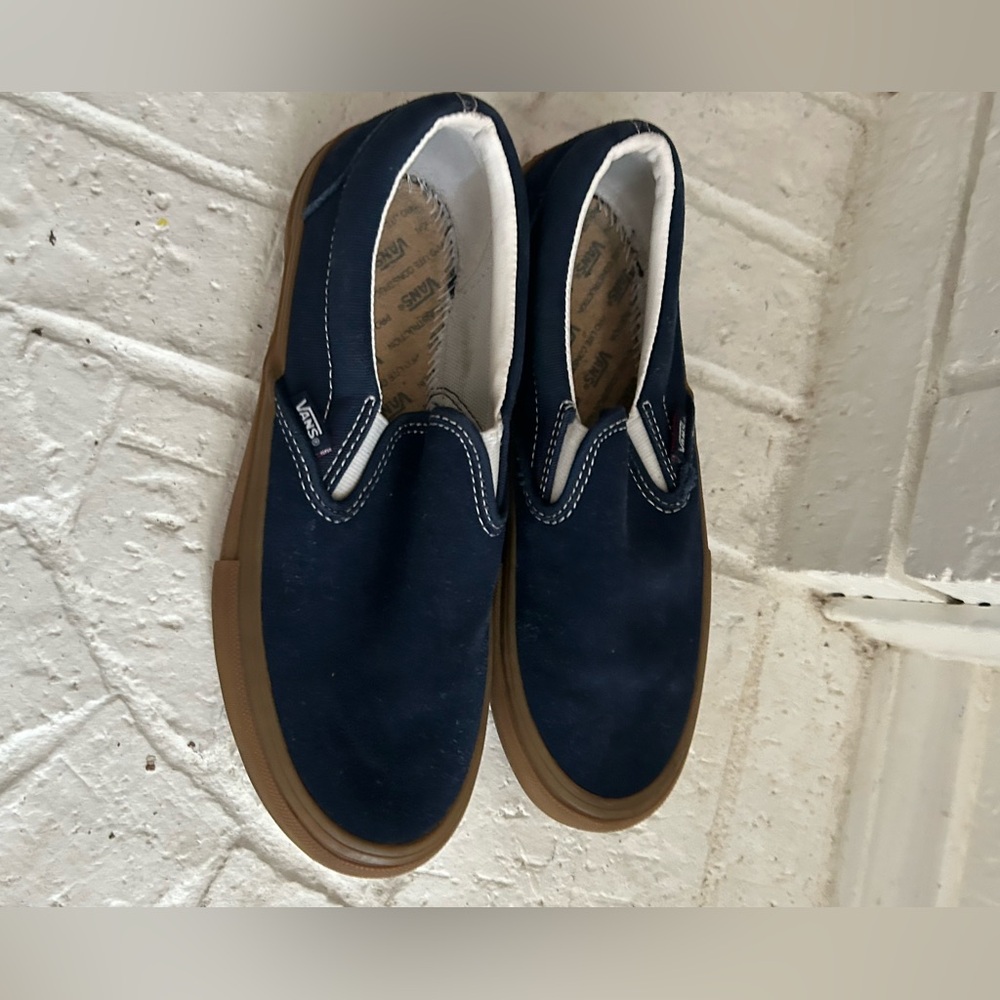 Vans Classic Slip-On Canvas Loafers in Navy with Brown Sole